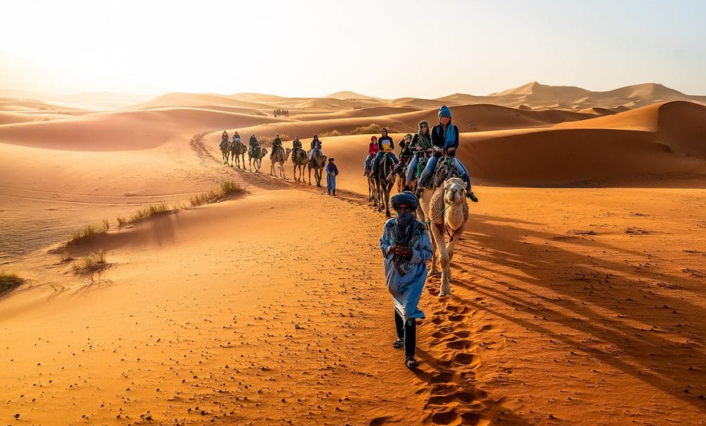A camel caravan with riders and a guide crossing sand dunes at sunset in Merzouga