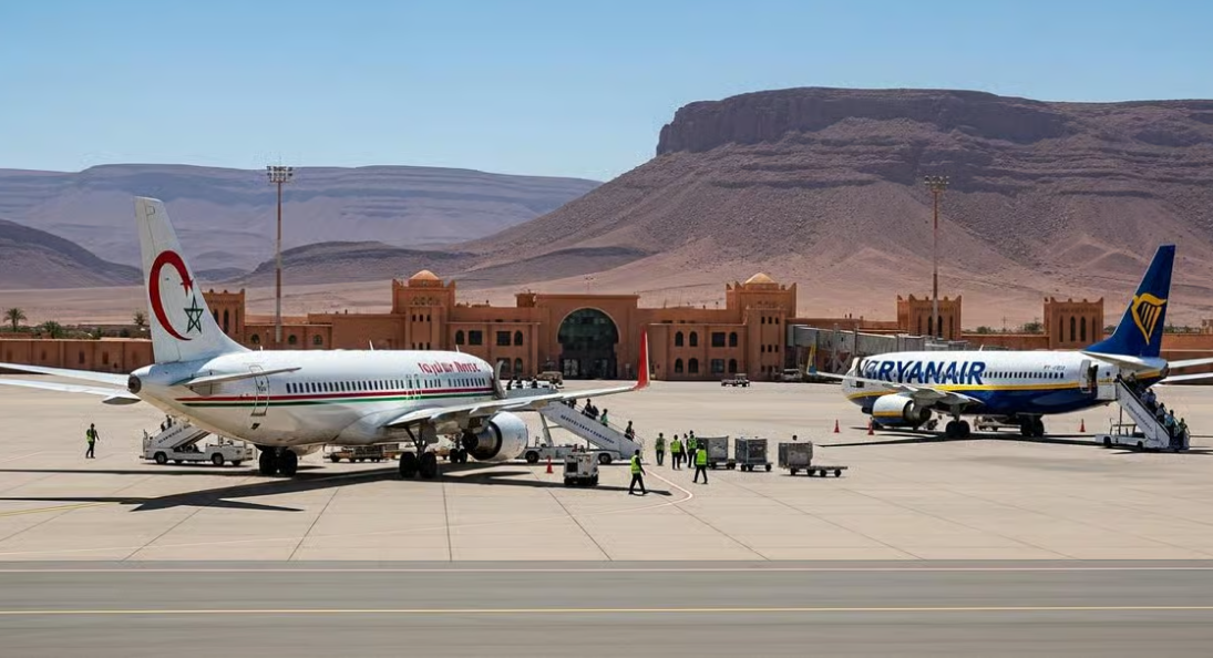 Two passenger jets parked on an airport tarmac with mountains in the background