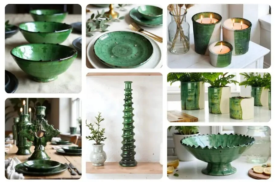 Collage of Green Glaze of Tamegroute bowls, candle holders, vases, and planters
