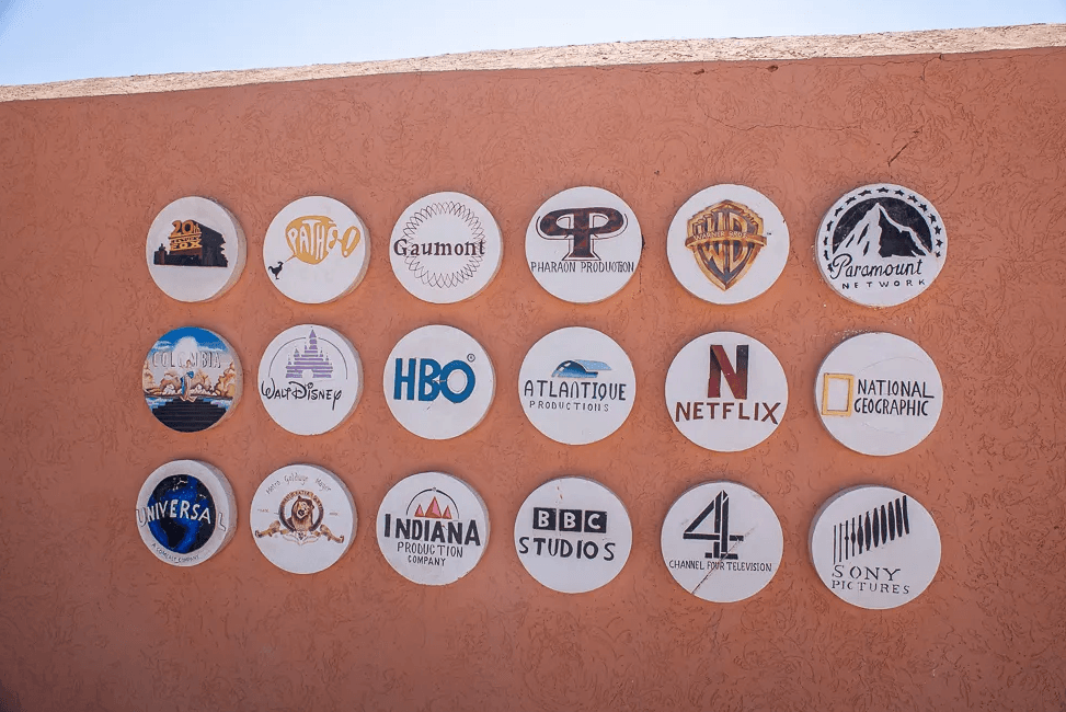 Wall display of film and TV studio logos