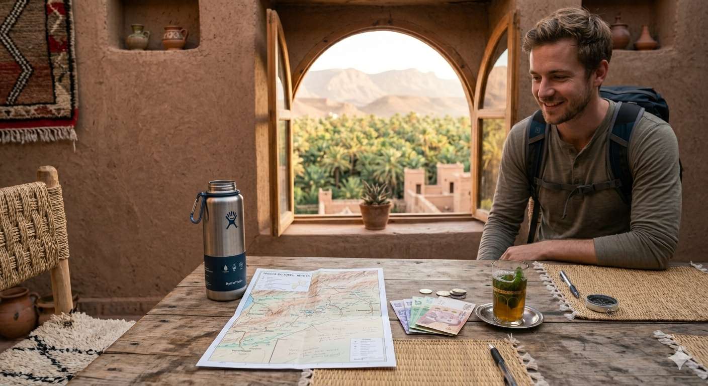 Traveler sitting at a table with a map, cash, and tea in a rustic room overlooking a palm valley