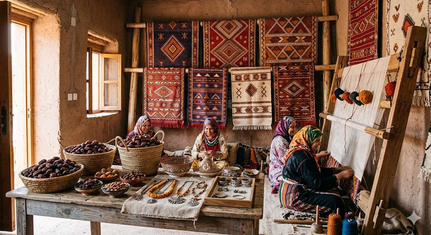 Women weaving textiles and displaying handmade rugs, jewelry, and dates in a workshop