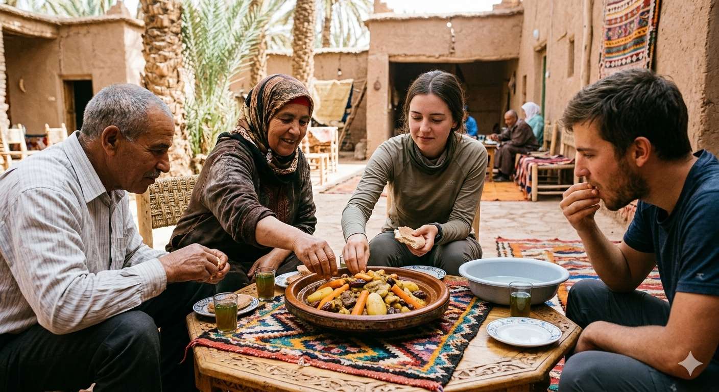 Four people sharing a meal around a communal tagine in a traditional courtyard