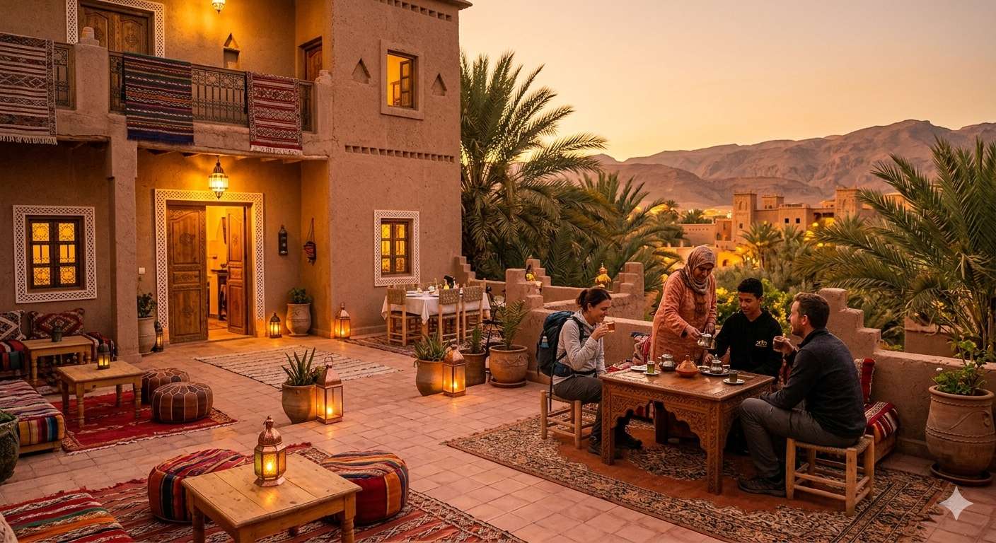 Guests sharing tea on a terrace at sunset, with lanterns, palm trees, and mountains in the background