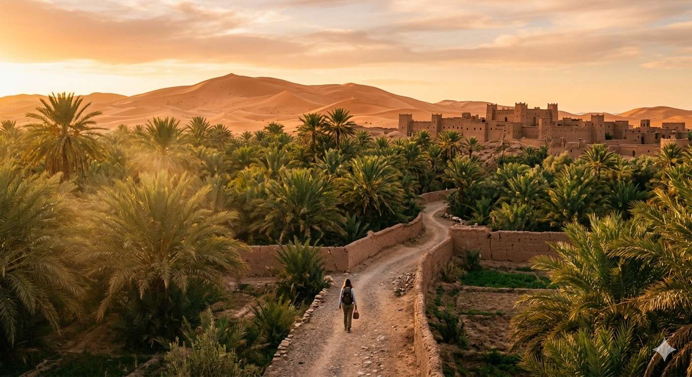 A person walks along a dirt path through a palm oasis toward a desert village at sunset