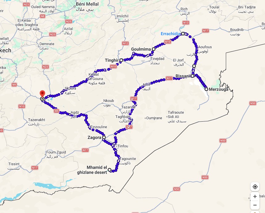 Route map through southeastern Morocco from Marrakech to Merzouga and Mhamid el ghizlane desert